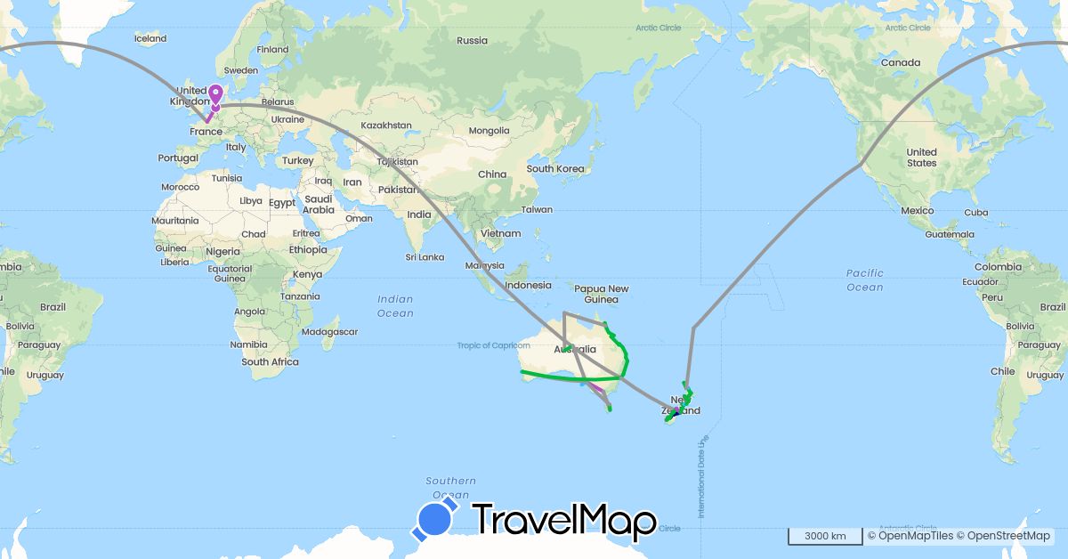 TravelMap itinerary: driving, bus, plane, train, hiking, boat in Australia, Fiji, France, Netherlands, New Zealand, Singapore, United States (Asia, Europe, North America, Oceania)